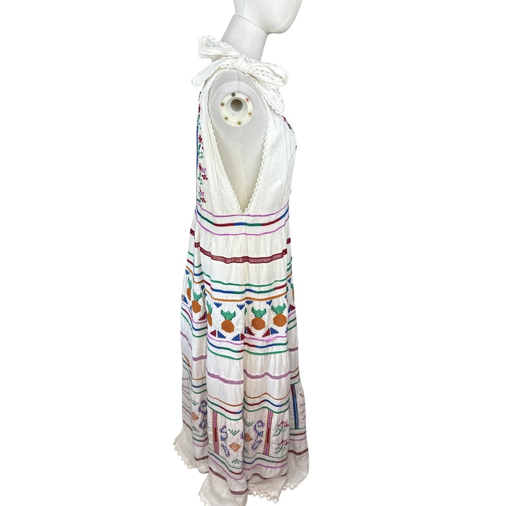 Farm Rio Brazil XL‎ Off White Embroidered lace Pineapple Maxi Dress Tie Shoulder - Picture 5 of 15